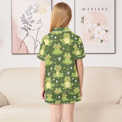 ALAZA Frog Green Flower Floral Pajamas Satin Pajama Set Short Sleeve Button Down Sleepwear4