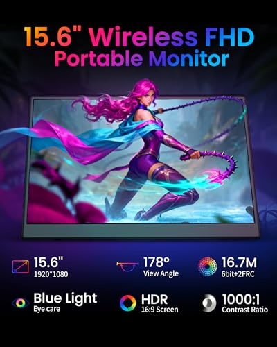 Image of Portable Monitor 15.6 inch, Wireless Portable Monitor Support AirPlay Miracast, 1080P IPS Ultra Slim Travel Monitor with USB-C HDMI /VESA /Sleeve, External Monitor for Laptop / PS4 /5 /Switch /Mac /Phone