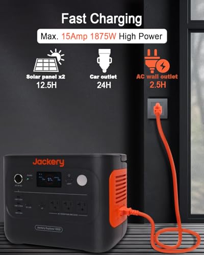 YEZriler Heavy-Duty Charging Cable for Jackery Power Station Explorer 3000/2000/1500/1000 Pro, Ecoflow Delta/River/Series, Bluetti EB3A, Anker 757/767, 125Volt 15Amps AC Power Cord - 6.6FT Orange