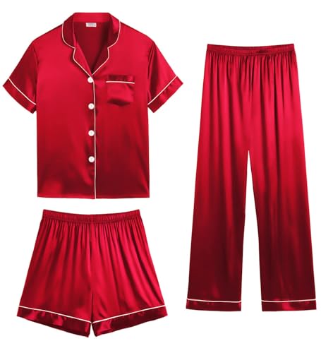 SWOMOG Womens Satin Pyjama Sets Ladies Silk Nightwear 3 Piece Short Sleeve Pj Button Down Sleepwear Set L Red