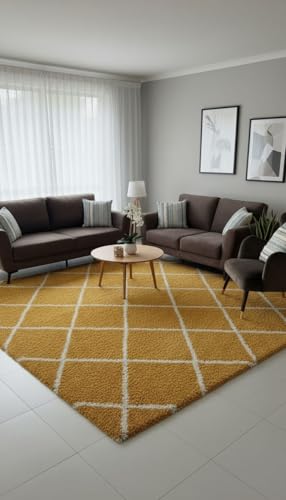Image of Carpet for Hallway, Kitchen, and Modern InteriorsCarpetCozy Shag Runner for Living Room, Bedroom & Office Decor ETC Size 5x7 feet, Patten-Solid Gold B
