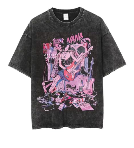 Nana Anime T-Shirt Vintage Washed Japanese Streetwear Manga Tee Clothes Unisex Fashion Harajuku Black (US Alpha Medium Regular Regular)
