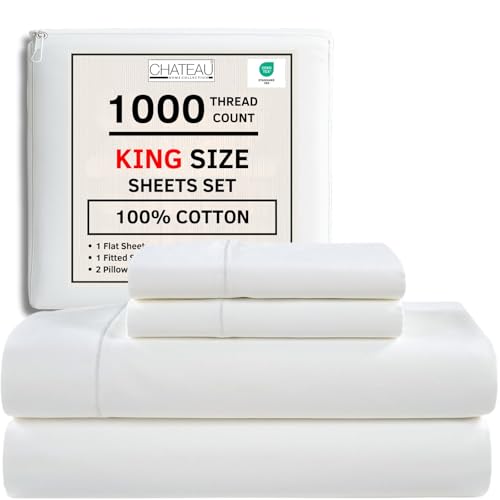 CHATEAU HOME COLLECTION 100% Cotton King Size Sheets Set - 1000 Thread Count Luxury Sateen Weave, Soft Breathable & Cooling, 15' King Sheets Deep Pocket - White