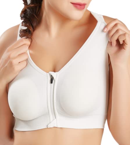 CHJMee Soutien-gorge de sport sans fil avec fermeture éclair sur le devant pour femme, blanc pur, L Cover