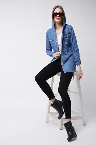 Image of Miss Chase Women's Polo Neck Full Sleeves Patch Pocket Denim Overcoat Knee-Length Jacket