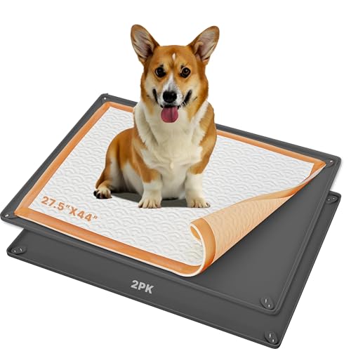 Image of TidyFriend 2 Pk Dog Pee Pad Holder Tray Fits for 27.5 inch x 44 inch Pee Pads with Corner Lock Holes, Raised Edges, Non-Spill, Easy to Clean Silicone Dog Potty Tray Holder, for Indoor Floor Protection (Grey)