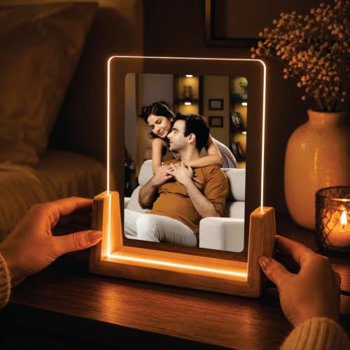 Image of Giftplease Personalized LED Acrylic Photo Frame with Wooden Base | Custom Engraved Photo Lamp | Customized Picture Frame Light | USB Powered Acrylic Night Lamp | Anniversary, Wedding, Birthday, Couple
