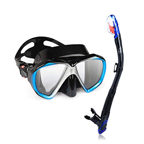 EXP VISION Snorkel Set, Dry Top Snorkel Mask Anti-Leak for Women and Men, Anti-Fog Snorkeling Gear Free Breathing, 180° Panoramic View Tempered Glass Swimming Diving Scuba Goggles