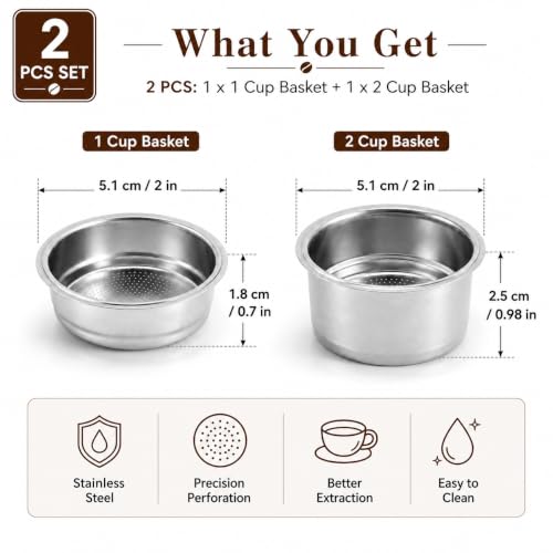 Image of 2PCS Coffee Strainer Basket, Portafilter Basket 51mm, Single Layer 1 Cup and Single Layer 2 Cup, Double Layer Stainless Steel, Fine Filter to Fully Extract, Espresso Machine Accessories