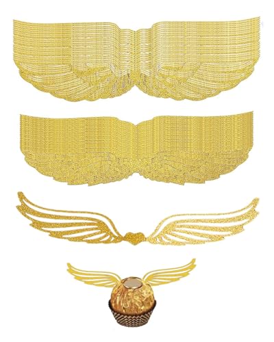 AORHOFJ 50 Stück Gold Schokolade Flügel Party Flügel Dekoration Zauberer Tortendekorationen Cupcake Toppers Schokolade Dekorationen mit Klebepunkten für Geburtstagsfeier