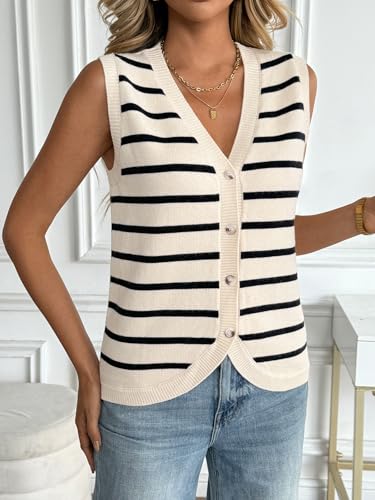 Image of LILLUSORY Womens V Neck Button Down Sleeveless Knitted Fall Sweater Vest | Soft Breathable Blend Tank Blouses for Ladies, Chic Curved Hem Preppy Outfits, Four-Season Versatile Layering Clothing Piece