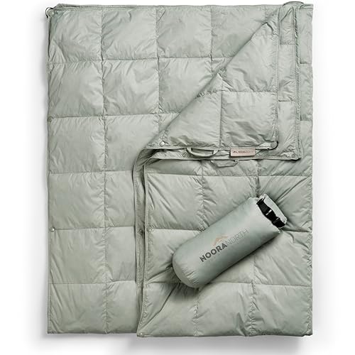 Noora North Down Camping Blanket - Warm Puffy Camping Quilt for Cold Weather, Backpacking, Hiking, Beach, Travel Gear - Lightweight Outdoor Packable Blanket Poncho/Throw & Bag, 50x77 Light Sage Green