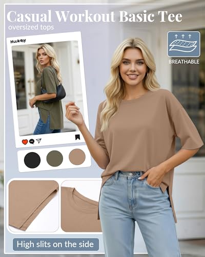 Huukeay 3 Pack Women's Oversized Gym T Shirts Short Sleeve Side Split Crewneck Tops Casual Summer Workout Baggy Basic Tee - Image 5