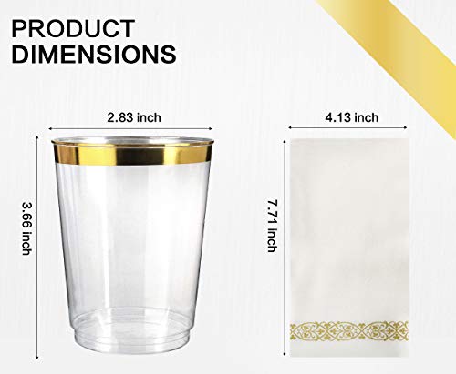 350 Piece Mcirco Gold Dinnerware Set - 100 Gold Rim Plastic Plates - 50 Gold Plastic Silverware - 50 Gold Plastic Cups - 50 Linen Like Gold Paper Napkins, 50 Guest Disposable Gold Dinnerware Set #TOP3