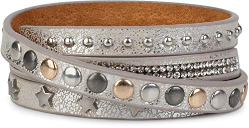 Preisvergleich Produktbild styleBREAKER Wickelarmband mit Strass, verschiedenen Nieten und Sterne, Armband, Damen 05040029, Farbe:Antik-Silber