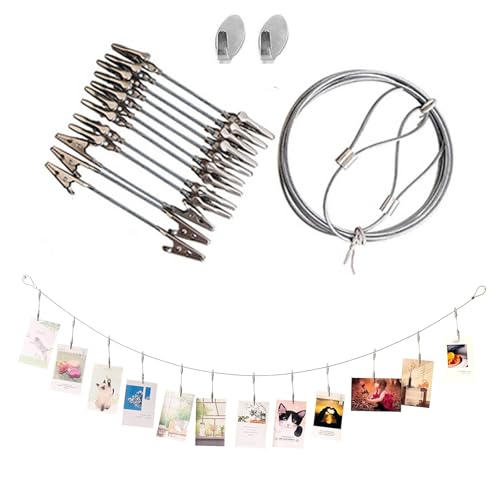 Image of Photo Hanging Display with Clips, Wall Hanging Photo Display, DIY Picture Photo Frame String Photo Display Cable Wire Rod String with 12 Clips