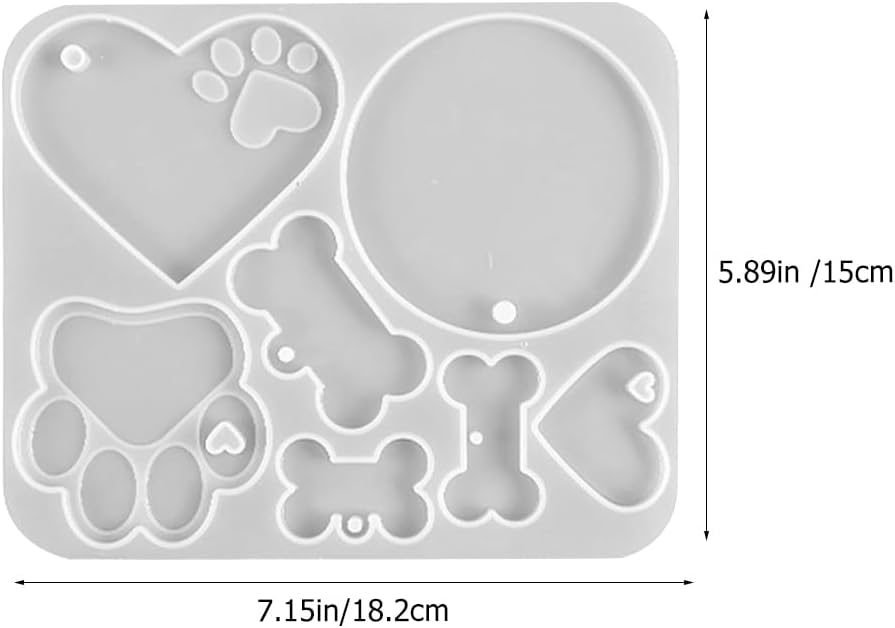 VILLCASE Resin Pet Tag Mold - 7-in-1 Dog Tag Silicone Mold for Epoxy - Bone Paw Heart Round Shapes for DIY Keychains, ID & Ornaments - Transparent