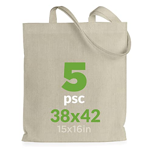 ENERGY FUSION Tote Bag, Lot de 5 sacs 100% coton naturel, à longues anses, lavables et réutilisables. Sac en jute. Cabas en Tissu à Poignées Solides pour les Courses, longues poignées. Sac Shopper Cover