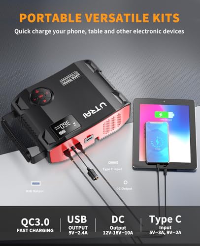 Image of Car Jump Starter with Air Compressor, UTRAI Portable Car Battery Jump Starter 5000A Peak 12V Car Battery up to Jump Box All Gas / 8.0L Diesel with Tire Inflator, DC 160W Jump Start Battery Pack