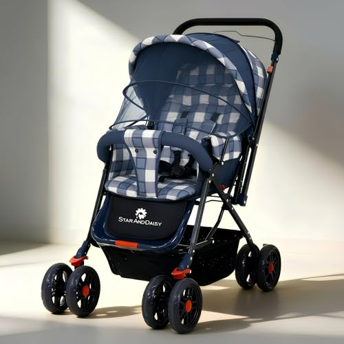 Image of StarAndDaisy Baby Stroller for 0–3 Years, Foldable Baby Stroller/Pram with Mosquito Net, Large Storage Basket, 5 Point Safety Harness