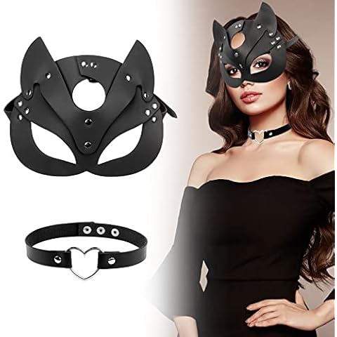 Cat Women Mask and Choker Set, Catwoman Mask Sexy Mask for Women Black PU Leather Mask Masquerade Mask Half Face Mask for Halloween Cosplay Cover