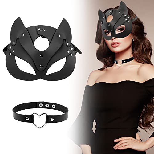 Ensemble Masque Catwoman Et Tour de Cou, Masque Sexy Cat Woman Masque Chat Cosplay Noir PU Masque de Chat en Cuir Masque de Mascarade Demi-Masque pour Halloween Cosplay Cover