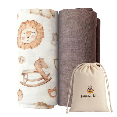 Image of Papaya Kids Muslin Swaddle Blankets - Large Soft Bamboo Viscose & Cotton Baby Swaddle Blanket, Breathable Receiving Blanket for Newborn Essentials, 2-Pack (Safari Dream)