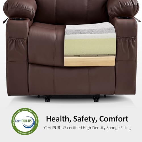 Image of MCombo Large Power Lift Recliner Chair with Massage and Heat for Tall Elderly People, 3 Positions, Cup Holders, and USB Ports, Faux Leather 7516 (Large, Light Brown)