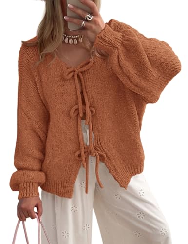 PRETTYGARDEN Women's Tie Front Bow Cardigan Sweaters Chunky Knit Long Puff Sleeve Trendy Fall Winter Jacket Coats