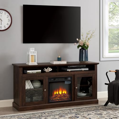 SUNLIFER TV Stand with Electric Fireplace: Rustic Wood Entertainment Center