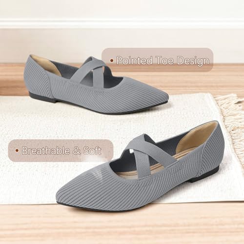 Image of TINGRISE Womens Mary Jane Flats Knit Ballet Flats for Women Pointed Toe Dressy Comfortable Slip-On Flats Shoes for Work Casual