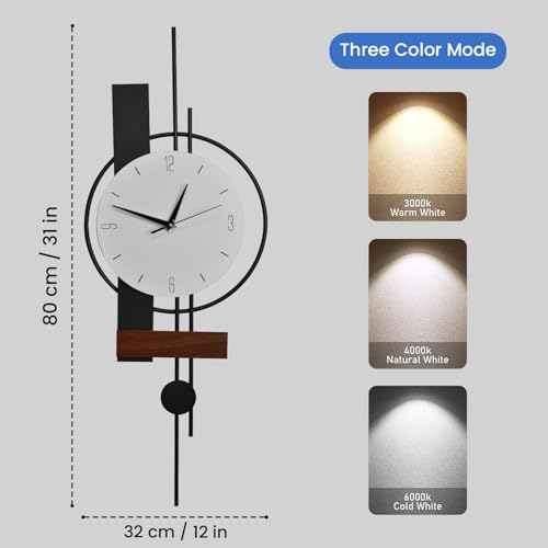 Image of Smartway Lerzo 6W LED Wall Lamp with Analog Clock | Modern Decorative Wall Light | 3 Color Modes | Wooden Accent Wall Clock Light for Bedroom, Living Room, Hallway & Bedside | 1-Year Warranty