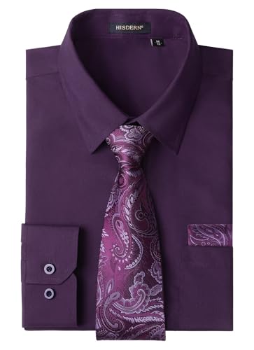 HISDERN Men's Dress Shirt with Tie and Pocket Square Set
