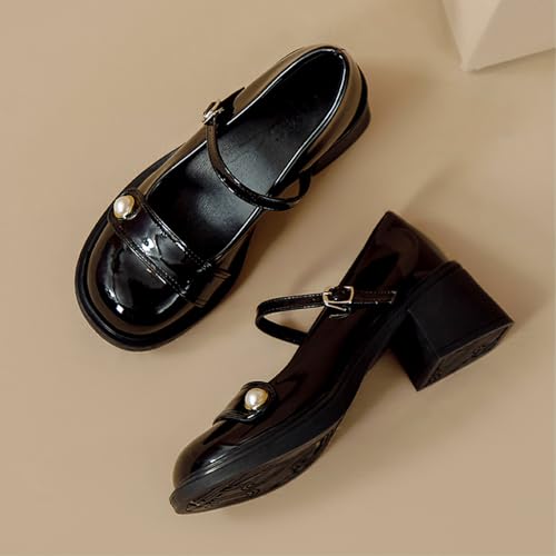 Women'S Patent Leather Pearl Chunky Heel Platform Mary Jane Shoes with Adjustable Buckle Comfortable Round Toe Non-Slip Block Heel Pumps for Wedding Party Office Dress Shoes4