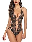 Avidlove Sexy Lingerie for Women V Neck Halter Teddy Lace Bodysuit Sexy Sleepwear Black XXL