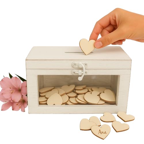 Libro de visitas. Caja sorpresa de madera. 100 Corazones Regalo Boda, Aniversario. Libro de firmas comunión. Recuerdo de Boda, Comunión, Bautizo, Cumpleaños y Aniversario. (Blanco Vintage)