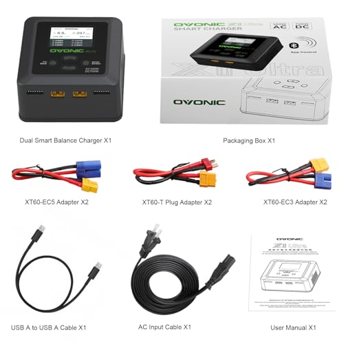 OVONIC X1 Ultra Dual RC LiPo Balance Charger for 1S-6S Lipo Batteries, Life/NiCd/NiMH/LiHV, AC 300W/DC 700W 16A, Sync Charging Mode