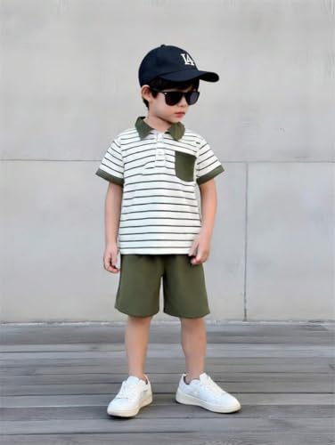 Image of Toddler Kid Boy Clothes Textured Striped Polo Collar Top Summer Shorts 2PC Summer Outfit Set