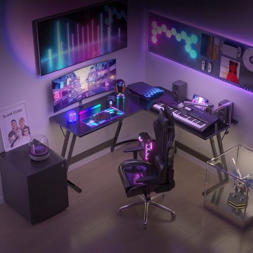 Devoko L Shaped Gaming Desk Corner Gaming Desks 120x120x75cm Computer Gaming Desk Large PC Writing Table for Home and Office,Carbon Fibre Black - Image 3