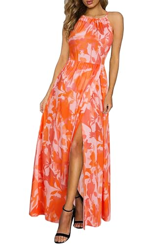 KILIG Women's Summer Spring Casual Sleeveless High Split Floral Sundress Beach Vacation Flowy Halter Maxi Long Dresses with Pockets 2026 (FloralZ16,S)