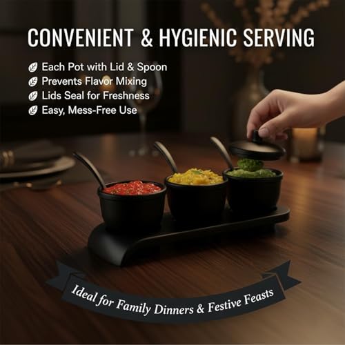 Image of Melamine Pickle Pot Set (3 Pots) with Lid, Spoon & Tray | Durable Achaar, Sauce & Chutney Storage Jar | Stylish Barni Pot for Kitchen, Dining & Table Use (Black)
