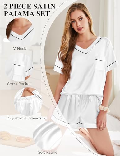 Image of Silk Pajamas for Women Short Sleeve Satin 2 Piece Pj Set Soft V Neck Sleepwear Loungewear, S-XXL
