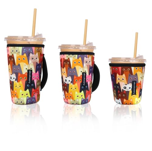Image of Skvalooory 3-Pack Thermal Foil Insulator Iced Coffee Sleeves, Neoprene Insulated Cup Sleeve with Handle,16-32oz Reusable Cold Drink Cup Holders(Cat)