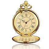 Litinliv Orologio da Taschino, Orologio da Taschino Uomo, Numeri Romani su Quadrante Liscio, Orologios Retrò con Catena per Compleanno, Anniversario, Noël e Festa del Papà - Dorato