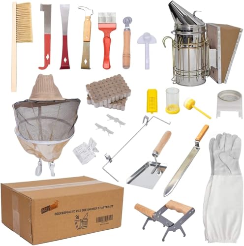 Beehive Starter Kit 10-Frame Bee Boxes and Frames Starter Kit Wax Coated Bee Hives and Supplies Starter Kit Including Beekeeping Tools Kit with Beekeeping Veil