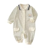 [YIN OON] ベビー服 長袖 男の子 女の子 秋冬 ロンパース カバーオール 前開き 新生児服 パジャマ 肌着 お出かけ服 可愛い動物柄 出産祝い ストライプ クマ柄 80(9-12M)