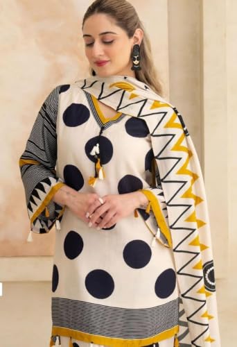 Image of Women's Pure Cotton 60-60 Printed Short Anarkali Kurta, Pant, and Dupatta Set with Front Dori and Heavy Tassels (Polka Dot Black & Cream)