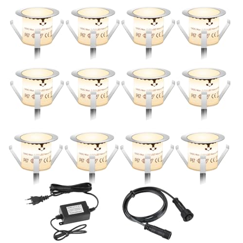 Smavolt Lot de 12 spots LED encastrables au sol pour extérieur, IP67, 12 x 0,6 W, Ø 32 mm, 12 V, blanc chaud 3K, étanches, mini spots encastrables,...