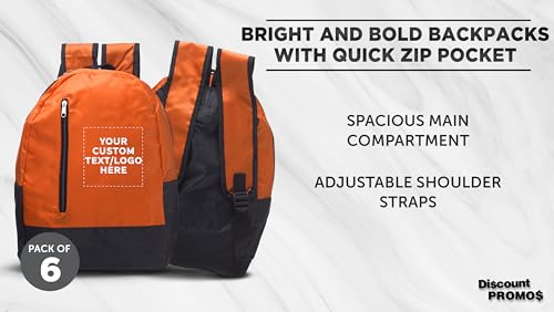 DISCOUNT PROMOS 6 Quick Zip Backpacks Set - Customizable Text, Logo - Polyester, Unique features, Front Pocket, Vibrant - Orange3