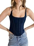Picture of Imily Bela Womens Sleeveless Denim Vest Crop Tank Tops Spaghetti Straps Slim Fit Summer Cami Top, Navy, Small